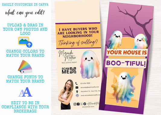 Two-sided Halloween real estate door hanger template featuring a friendly ghost and space for Realtor branding and contact information.