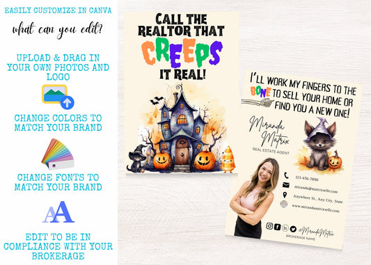 Editable Canva Halloween realtor mailer featuring playful spooky graphics, candy corn colors, and fun real estate marketing phrases.
