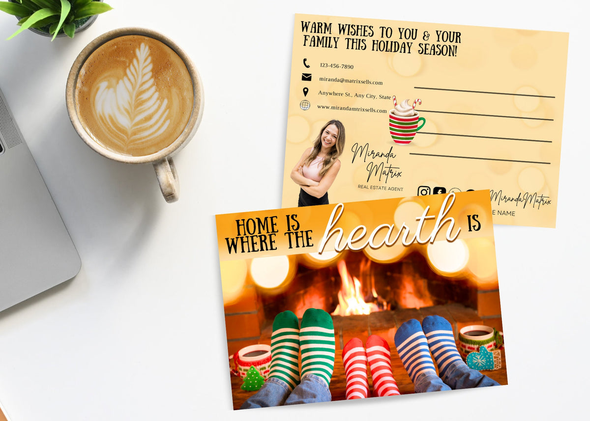 Warm holiday real estate marketing postcard for client mailers and appreciation gifts