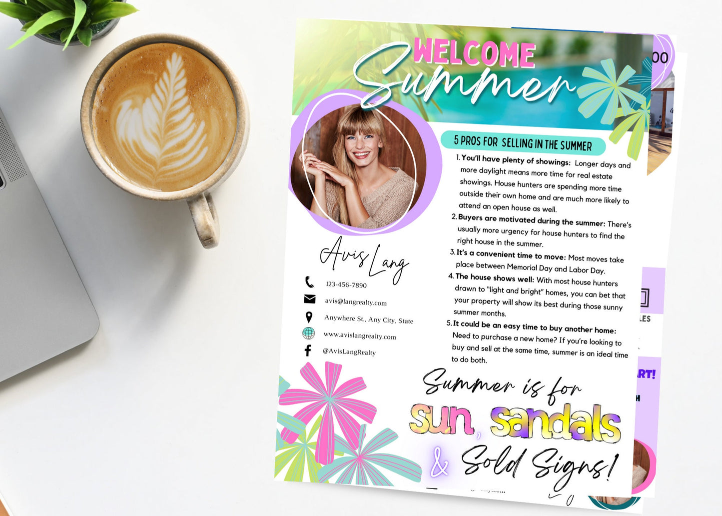 Fun and engaging summer real estate marketing template designed for agents, including local housing market stats, family-friendly activities, and beach-inspired branding elements.