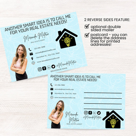Editable Canva realtor mailer featuring smart home automation graphics, security systems, smart thermostats, and modern real estate branding.
