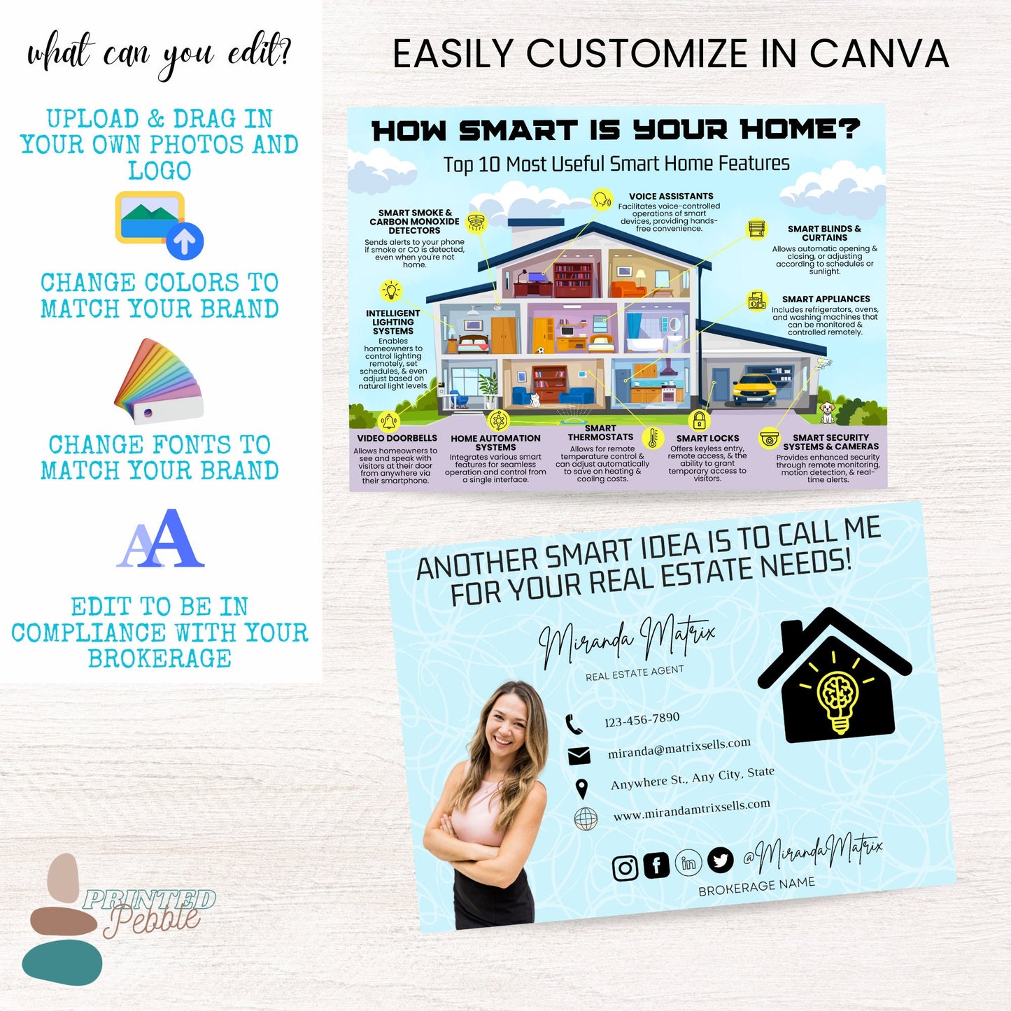 Professional smart home real estate flyer featuring home technology illustrations, social media icons, and editable Canva layout for agents.