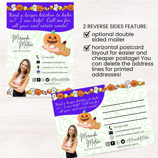 Halloween real estate postcard template with spooky baking theme, ghost graphics, candy corn borders, and kitchen conversion chart for realtors.