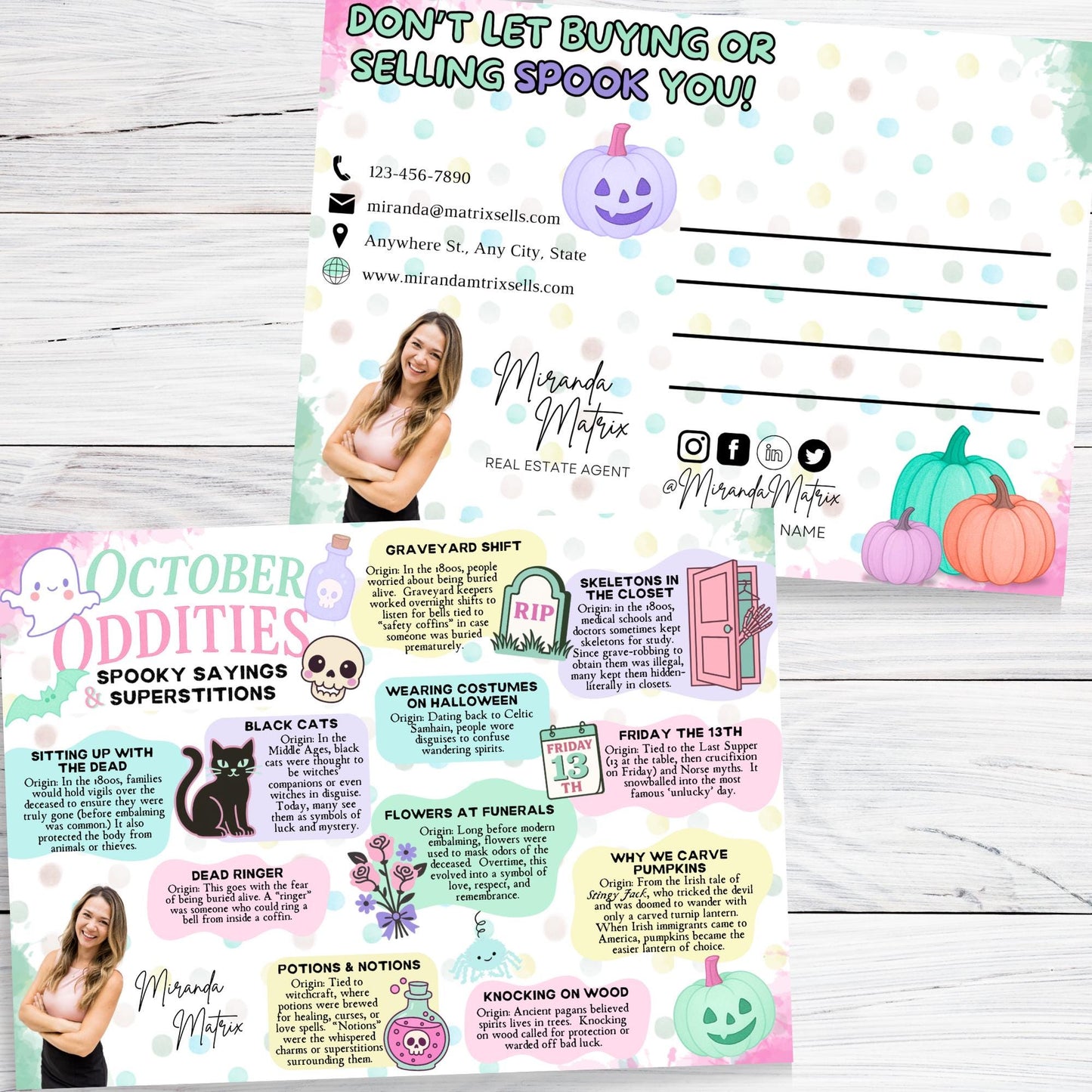 Editable Halloween Realtor Canva template featuring an October Oddities postcard with spooky sayings, Halloween superstitions, and customizable Realtor branding.