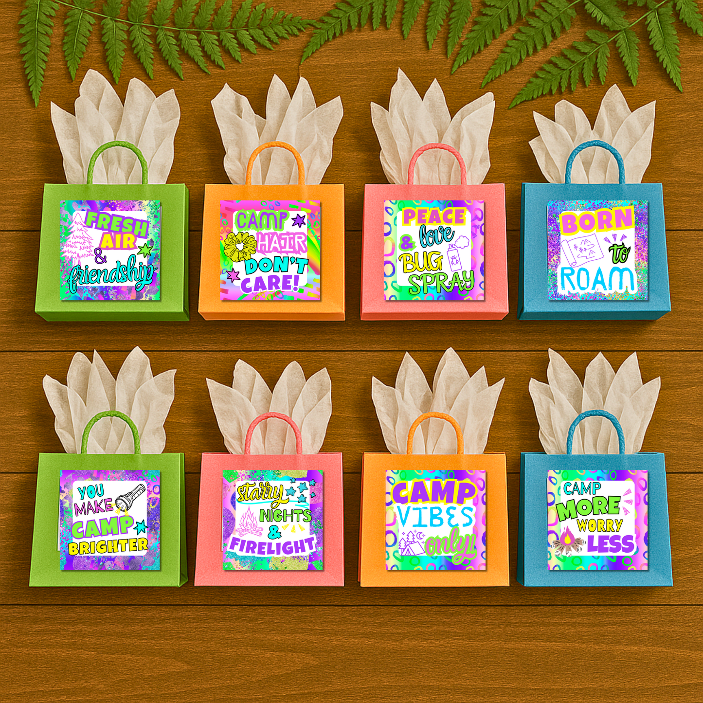 Printable camp gift tag that says “Camp Hair Don’t Care” with bright neon colors, playful fonts, and a yellow scrunchie illustration.