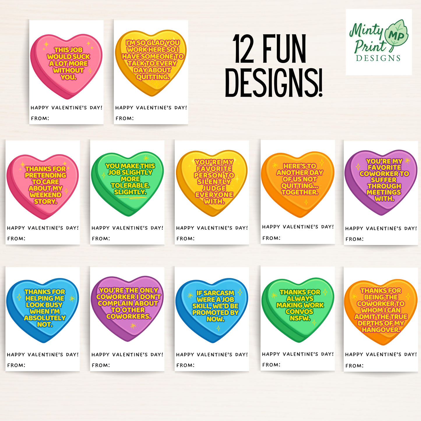 Adult-friendly coworker Valentine cards with workplace humor—instant download