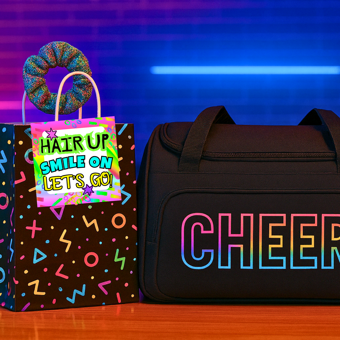 Cheer-themed printable gift tag with a colorful bow design and bold text for cheerleaders.
