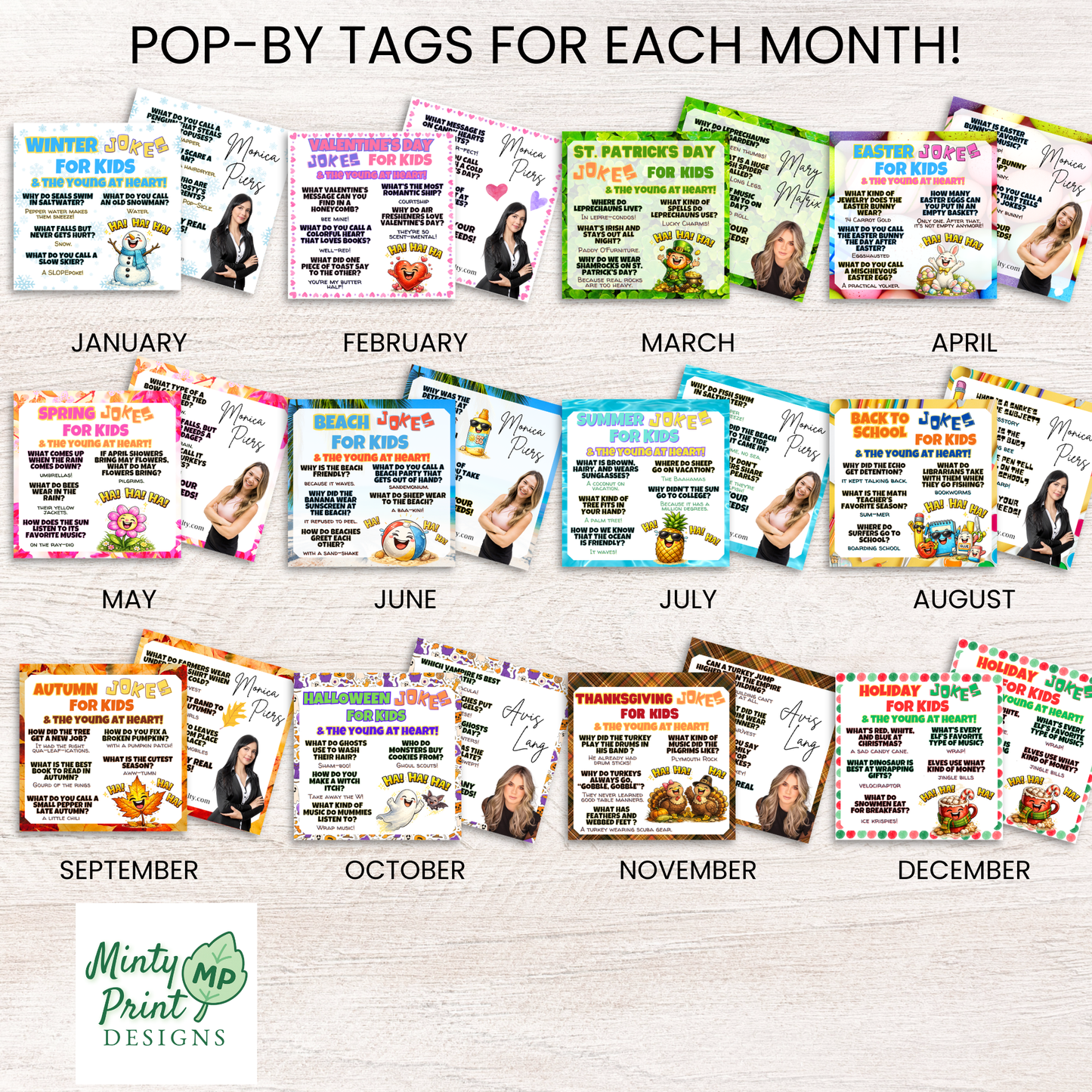 12 month editable pop-by tag bundle showing January through December seasonal joke tags for Realtors and small businesses