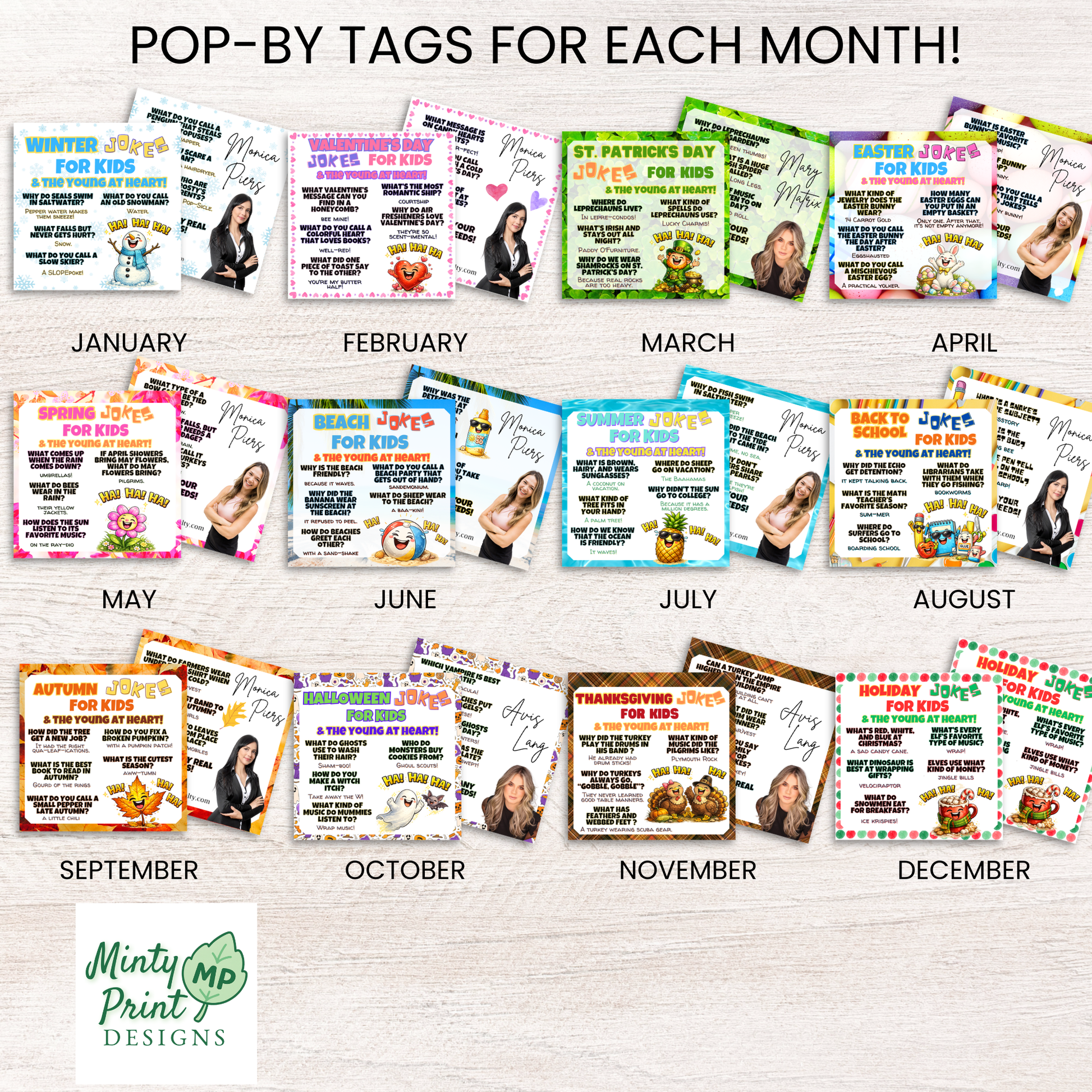 12 month editable pop-by tag bundle showing January through December seasonal joke tags for Realtors and small businesses