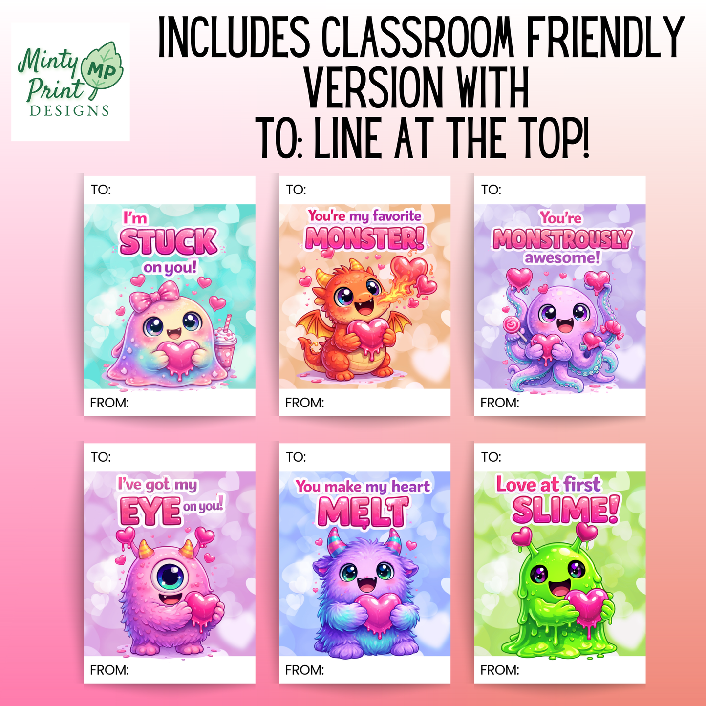 Printable monster valentines with slime dragon and cute creatures