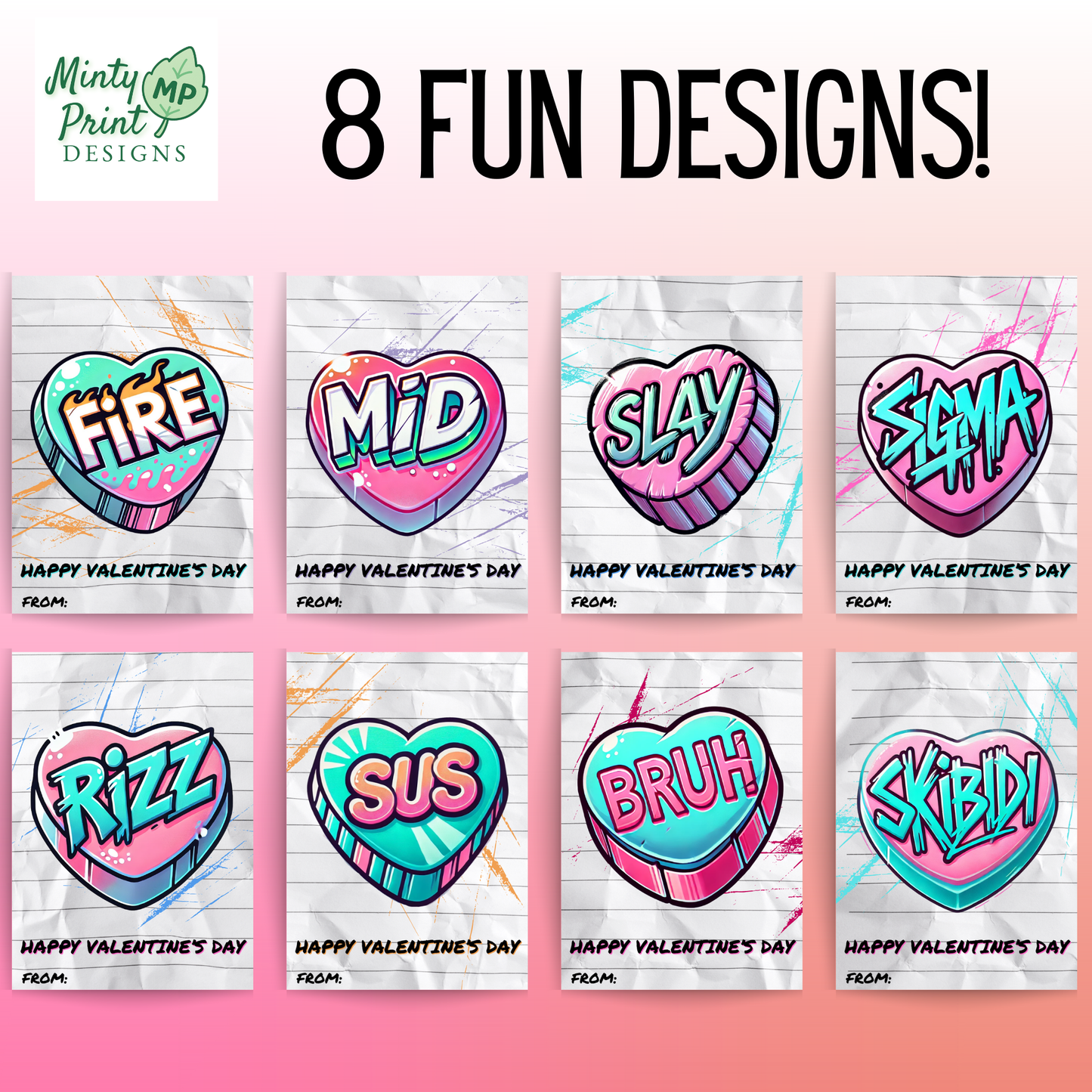 Pink classroom Valentine cards with cute slang words