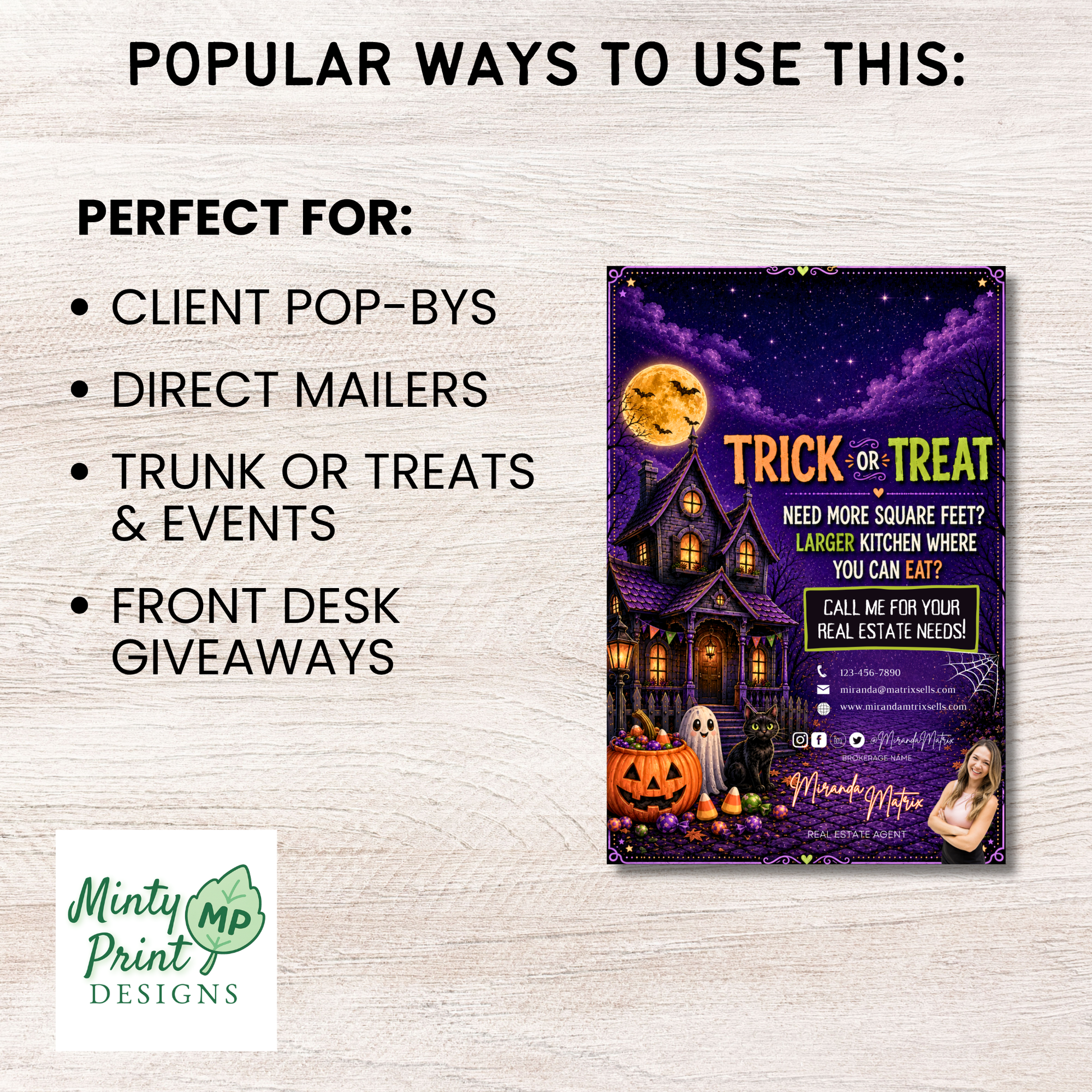 Halloween real estate marketing template designed for Realtors, featuring a Trick or Treat candy bar pop-by card with haunted house artwork, Halloween graphics, and personalized contact information for seasonal client gifts.
