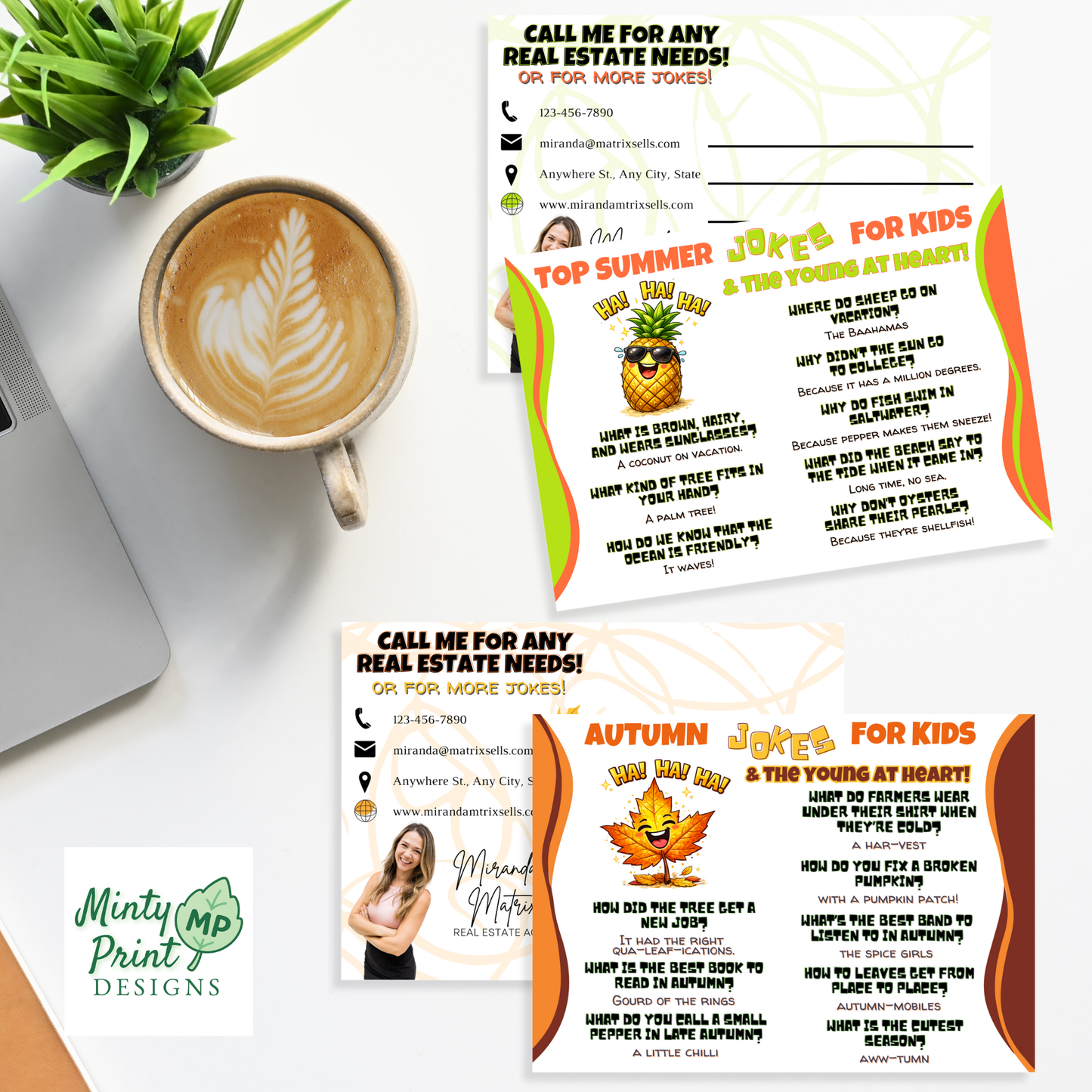 Year round realtor joke postcards with seasonal humor, digital download