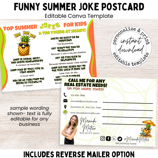 Funny summer joke postcard for kids, editable Canva template