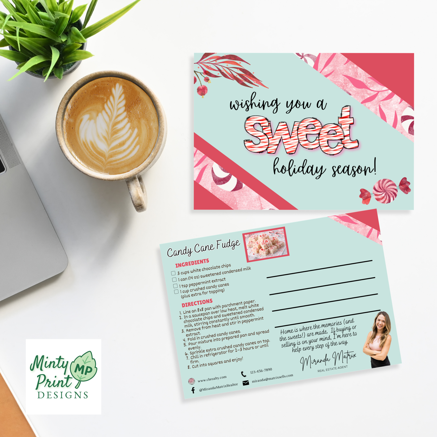 Canva editable Christmas recipe card postcard for business marketing candy cane fudge