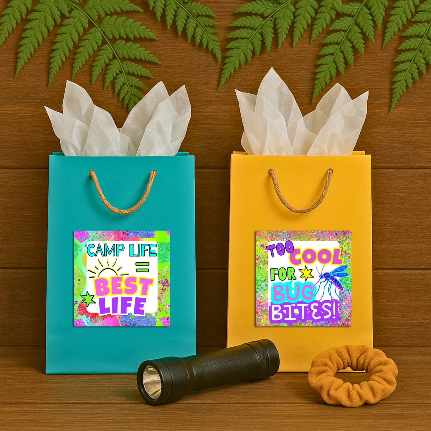 Printable camp gift tags attached to camp gear for a fun summer camp care package idea.