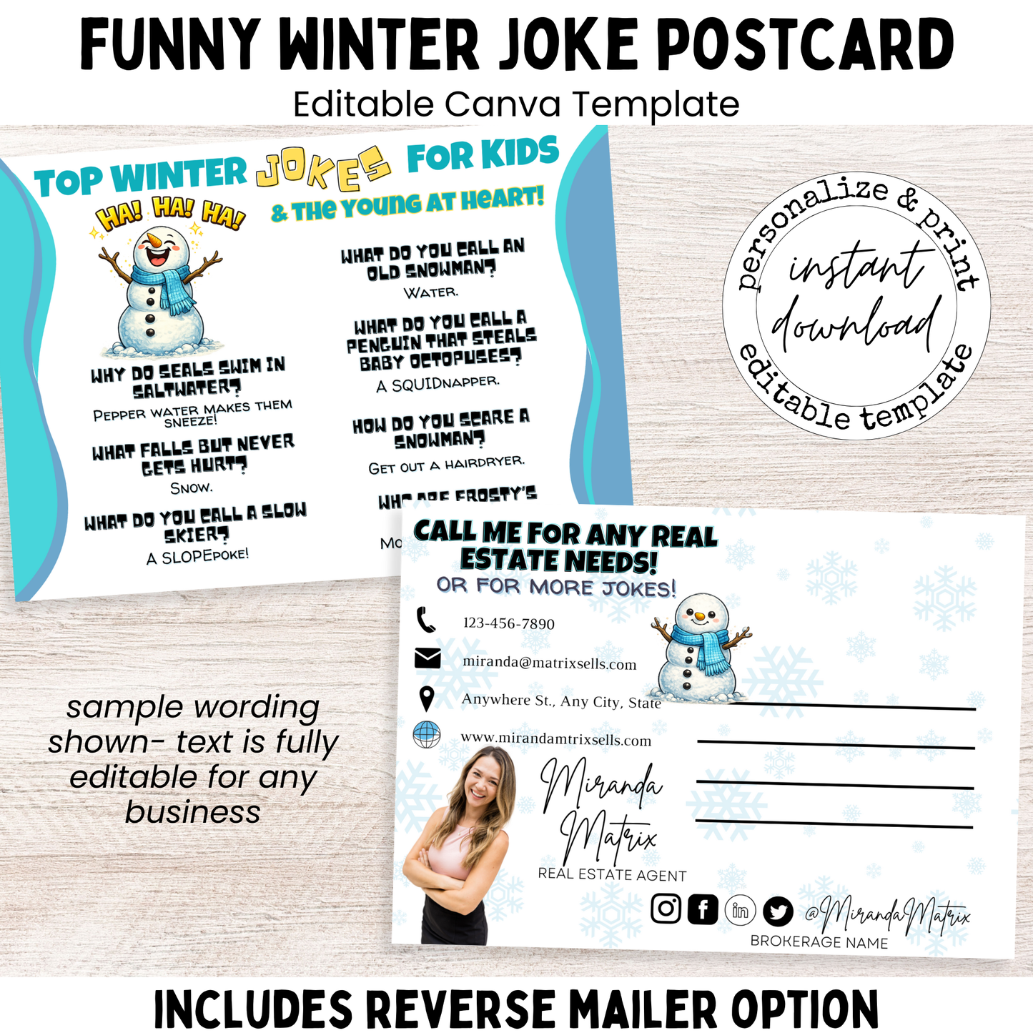 Funny winter joke postcard for kids, editable Canva template