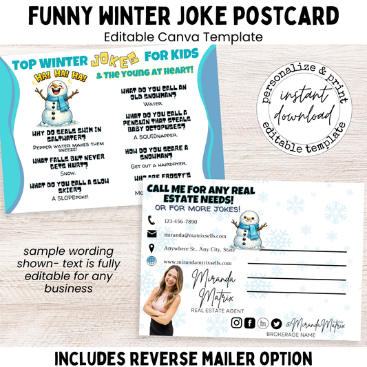 Funny winter joke postcard for kids, editable Canva template