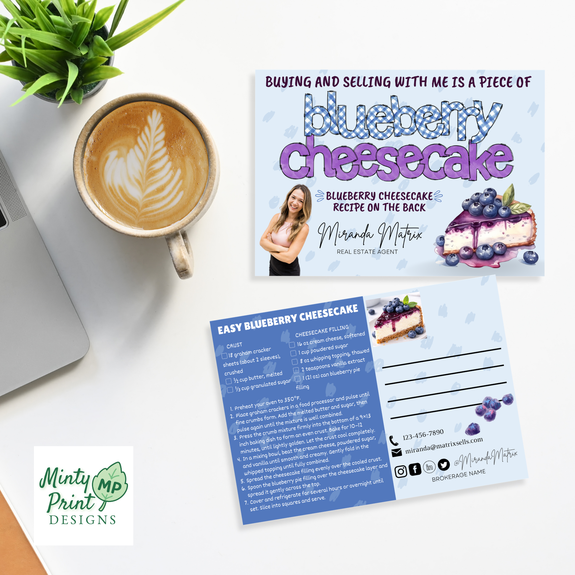 Blueberry cheesecake recipe postcard template for realtors. Editable Canva design perfect for spring marketing, client mailers, and pop-by ideas.