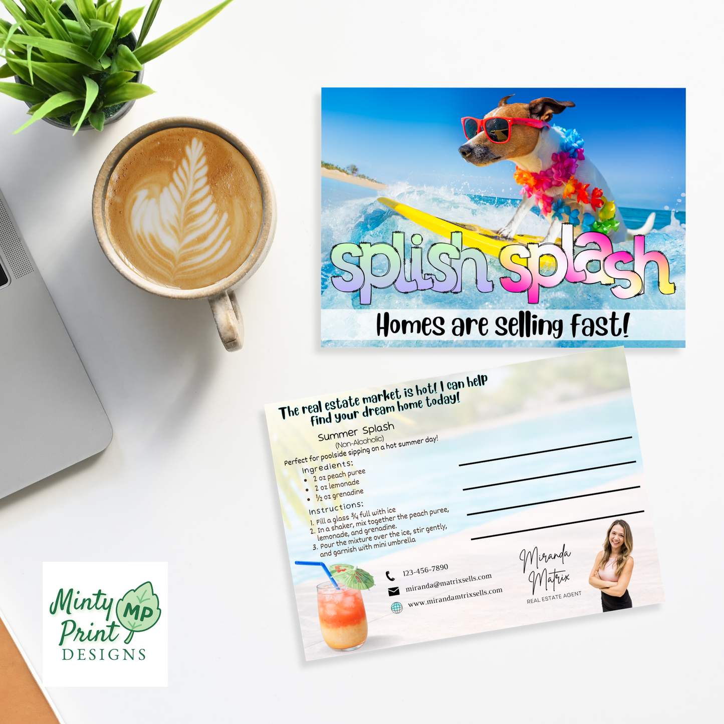 Unique summer marketing postcard with dog surfing and real estate branding space