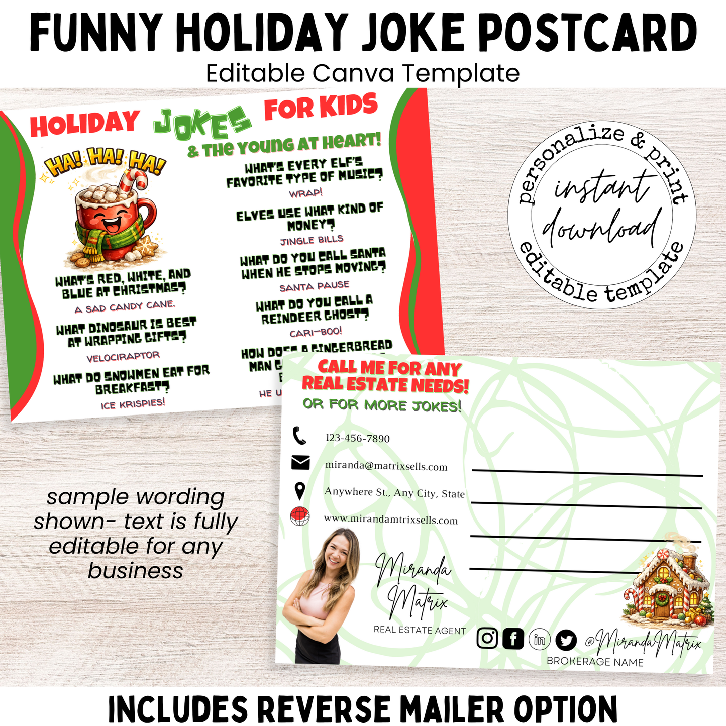 Funny holiday joke postcard for kids with winter illustrations, editable Canva template