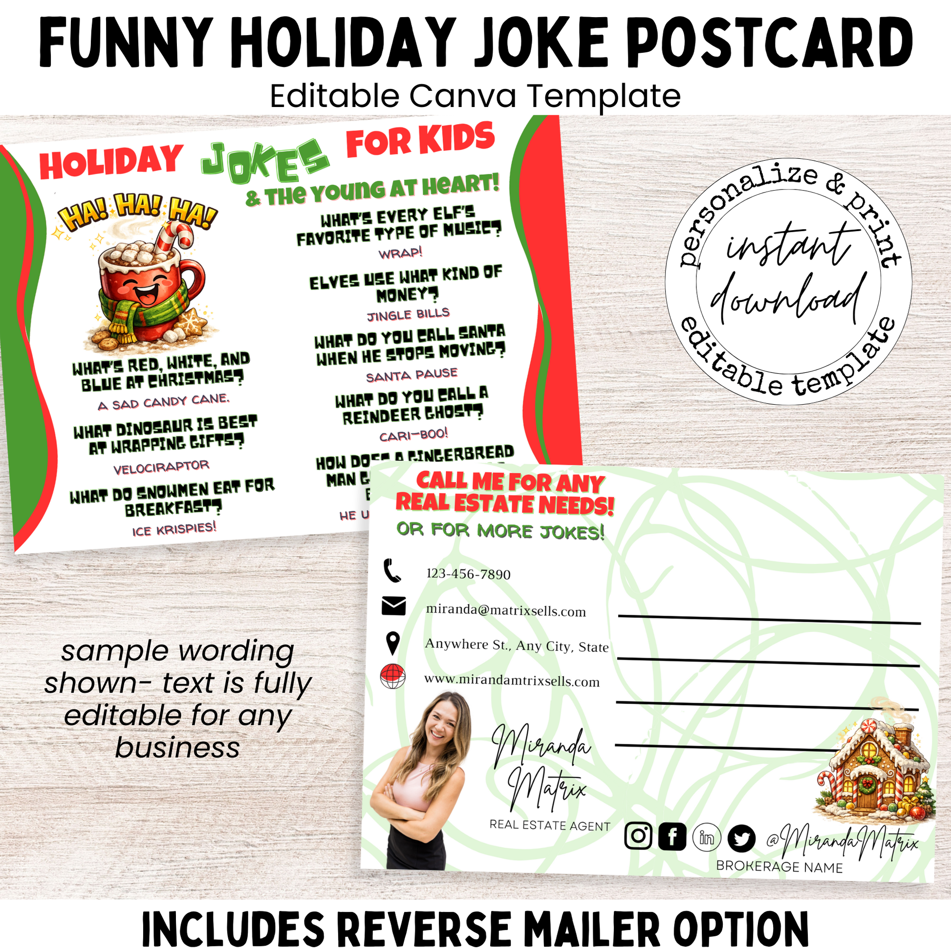 Funny holiday joke postcard for kids with winter illustrations, editable Canva template
