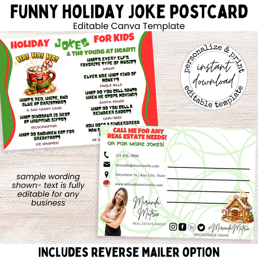 Funny holiday joke postcard for kids with winter illustrations, editable Canva template