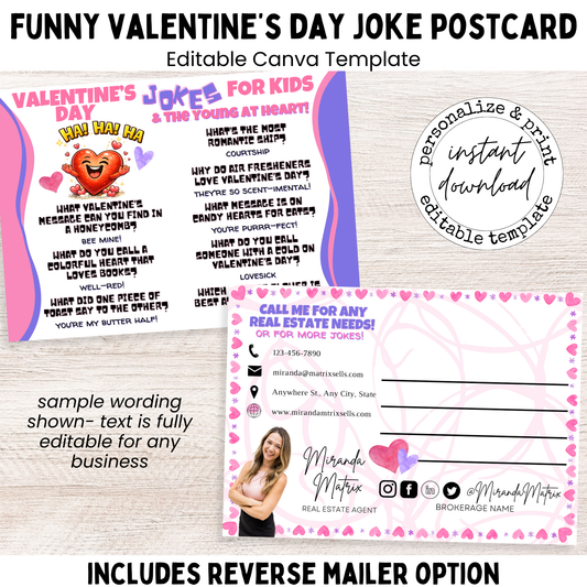 Funny Valentine’s Day joke postcard for kids, editable Canva template