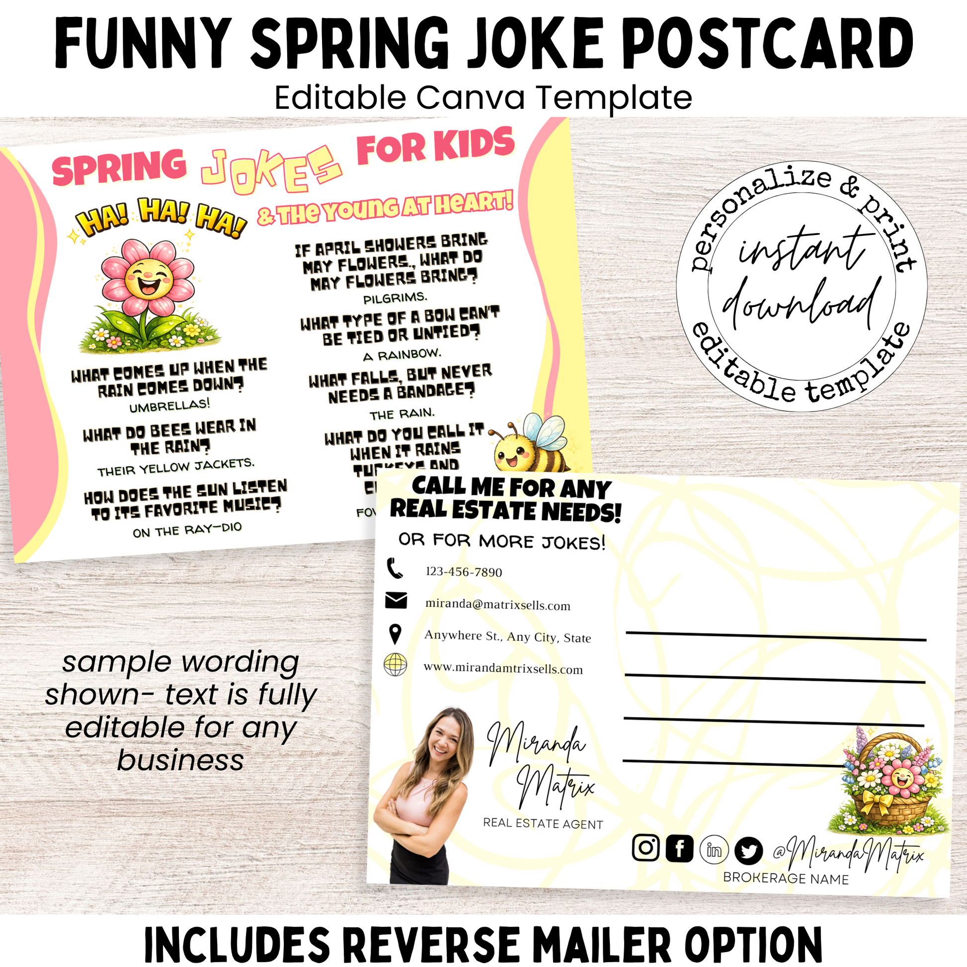 Funny spring joke postcard for kids, editable Canva template