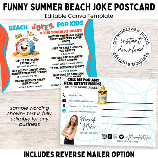 Funny summer beach joke postcard for kids, editable Canva template