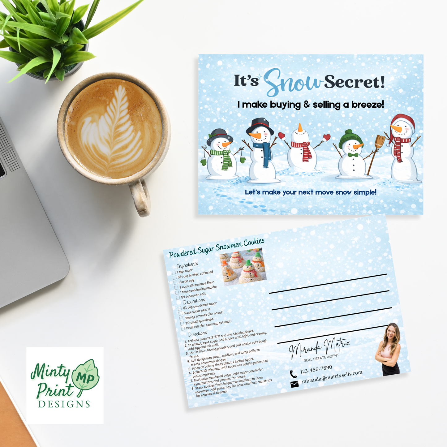 Realtor marketing postcard template snowman design editable Canva download
