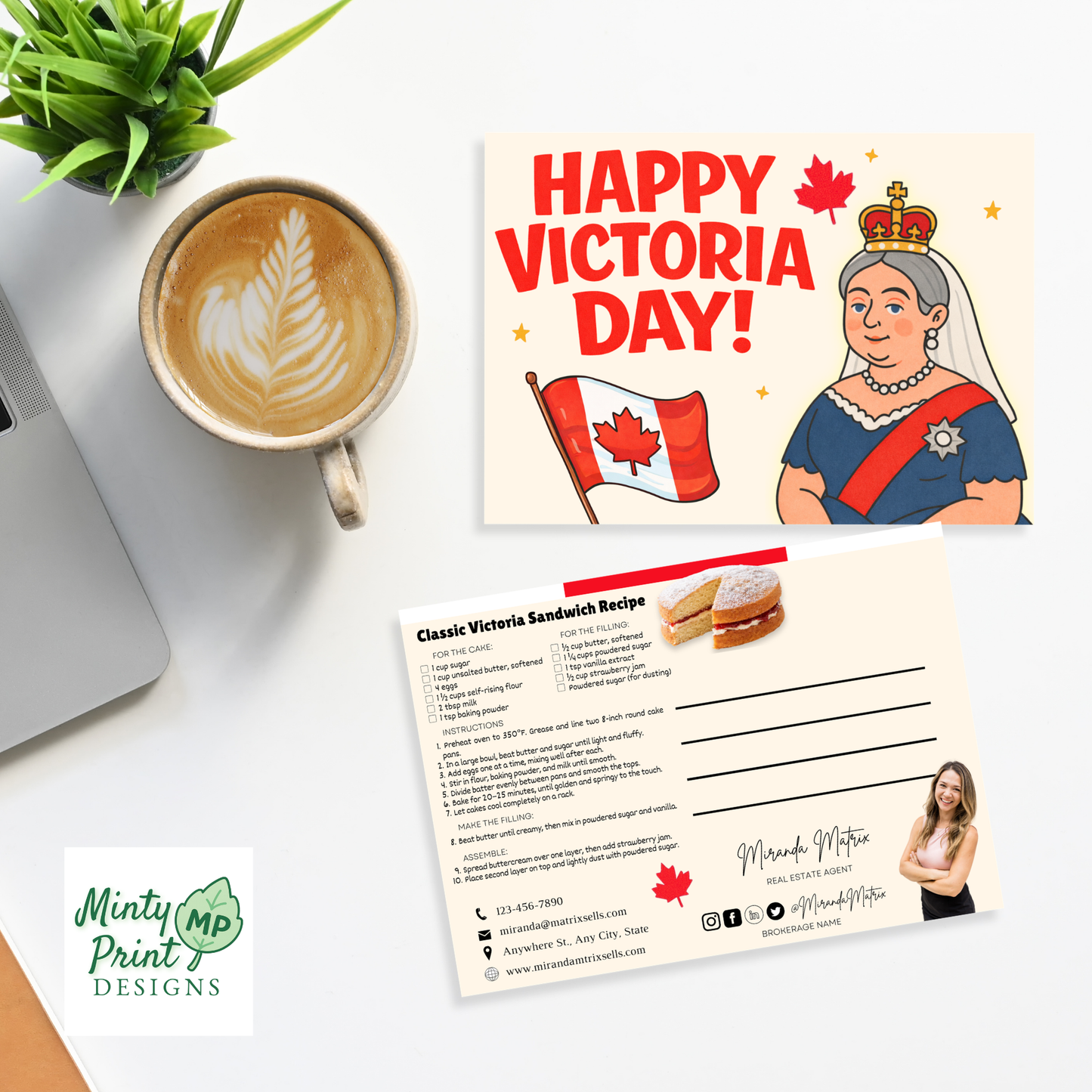 Canada real estate postcard template for Victoria Day featuring cake recipe, editable Canva design, and client mailer layout