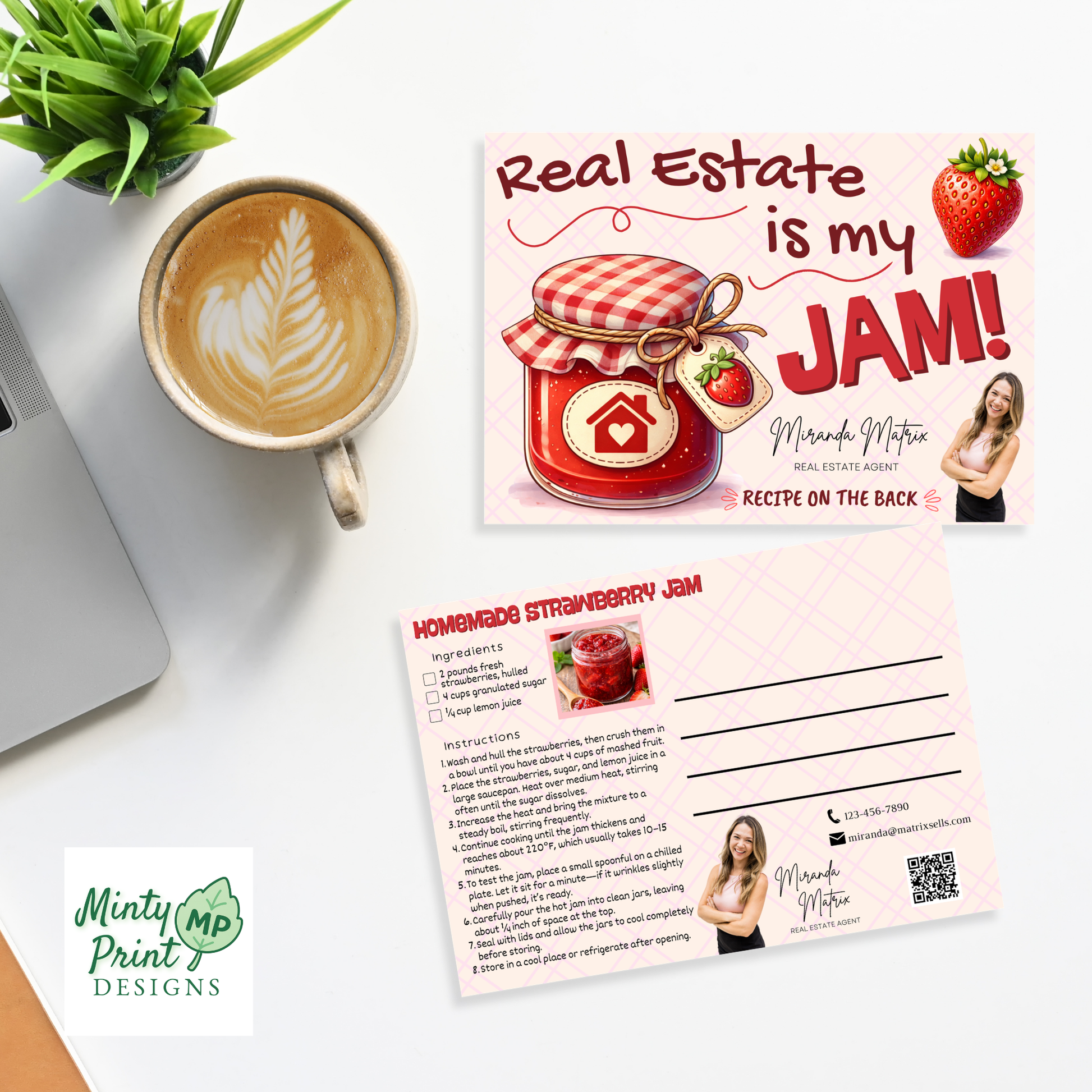 Editable real estate postcard template with strawberry jam recipe and space for handwritten message.