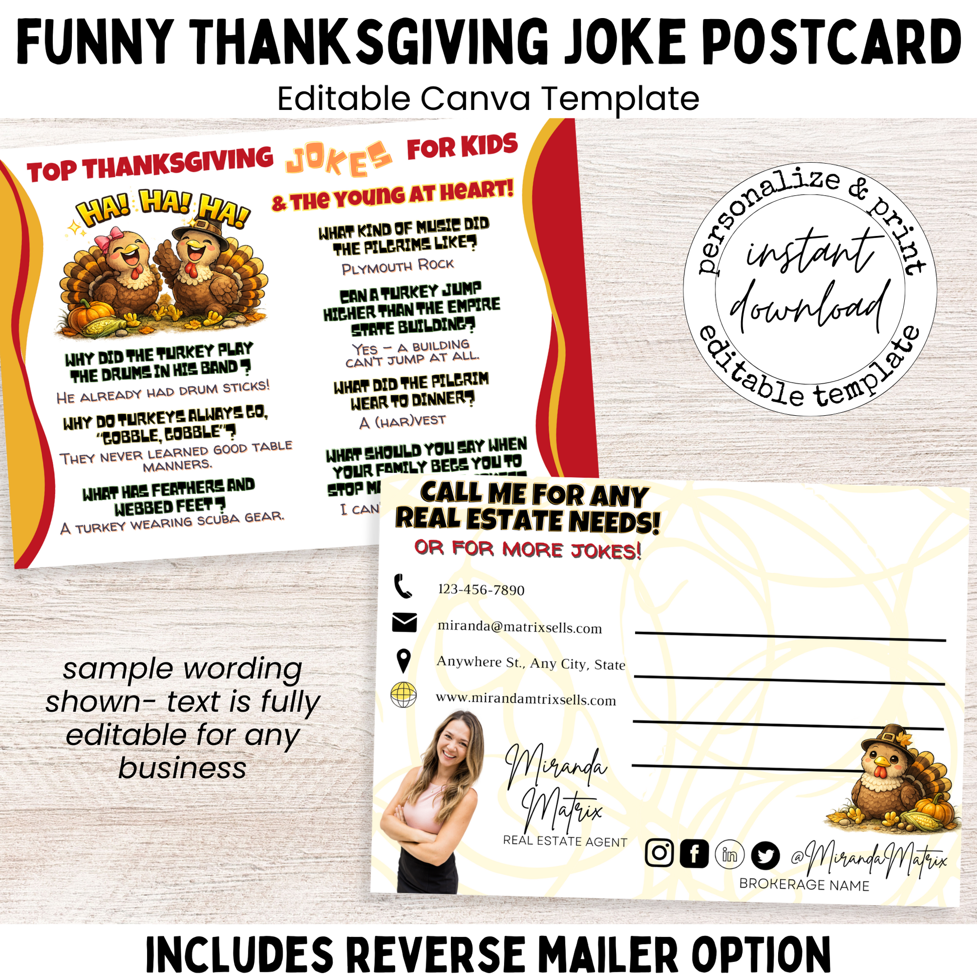 Funny Thanksgiving joke postcard for realtors featuring playful turkeys and fall colors, editable Canva template