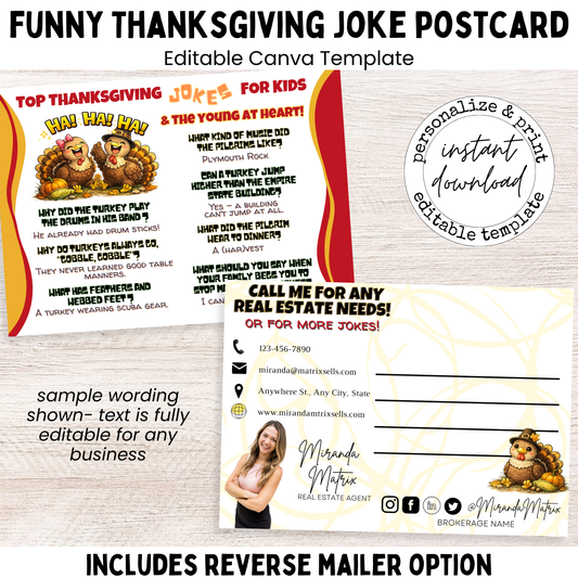 Funny Thanksgiving joke postcard for realtors featuring playful turkeys and fall colors, editable Canva template