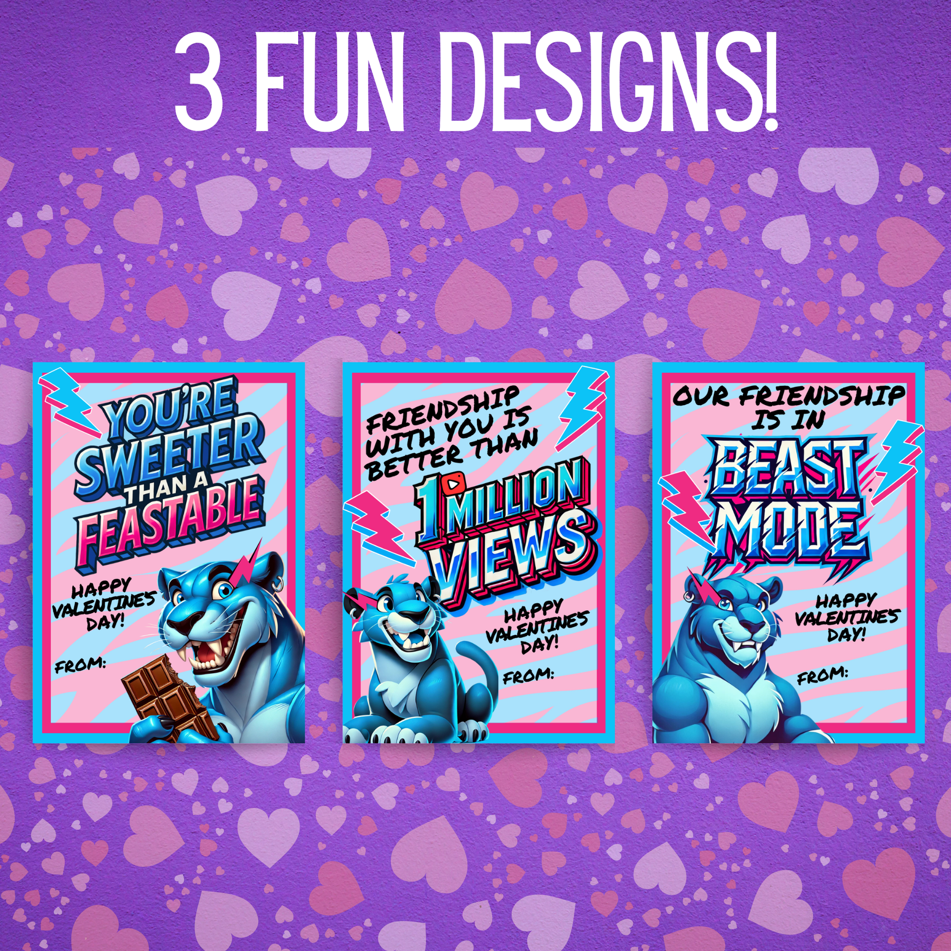 Printable neon panther valentine cards with bold gamer-style colors, lightning bolts, candy bar theme, and a beast-mode vibe great for kids who love gaming creators.