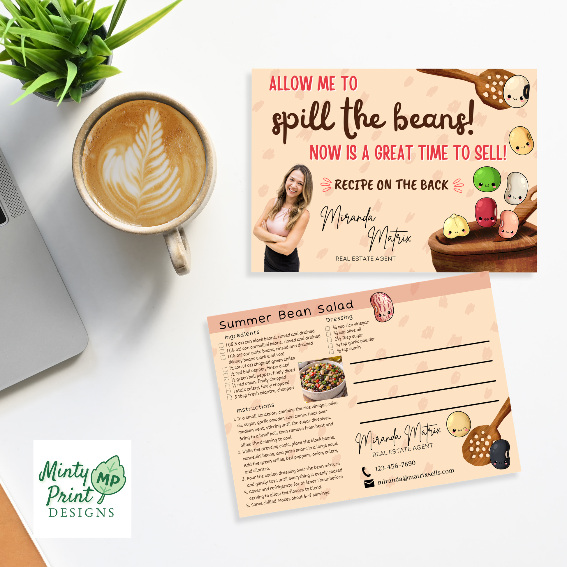 Summer bean salad recipe postcard template for real estate marketing with editable contact information.