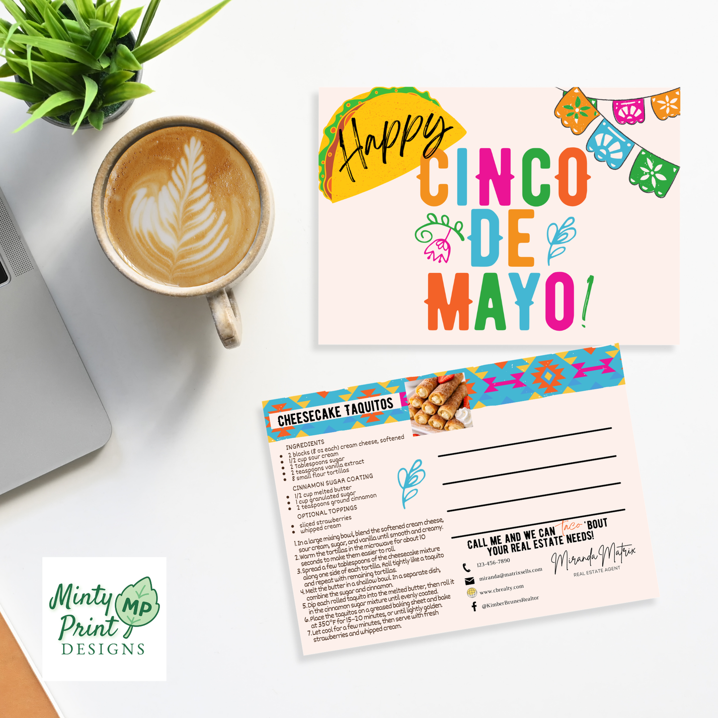 Happy Cinco de Mayo postcard template for real estate agents featuring festive taco illustration and bright fiesta themed colors.