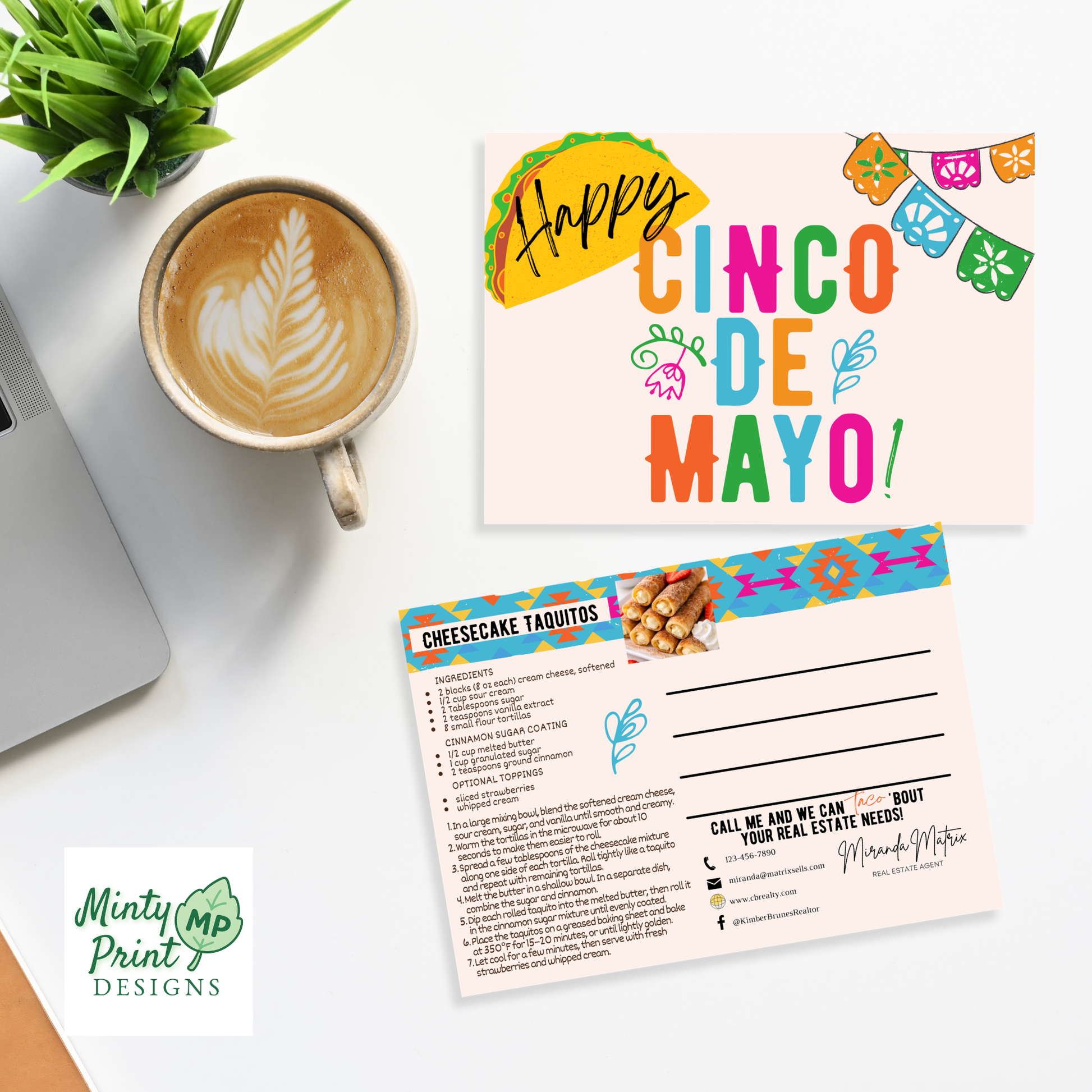Happy Cinco de Mayo postcard template for real estate agents featuring festive taco illustration and bright fiesta themed colors.