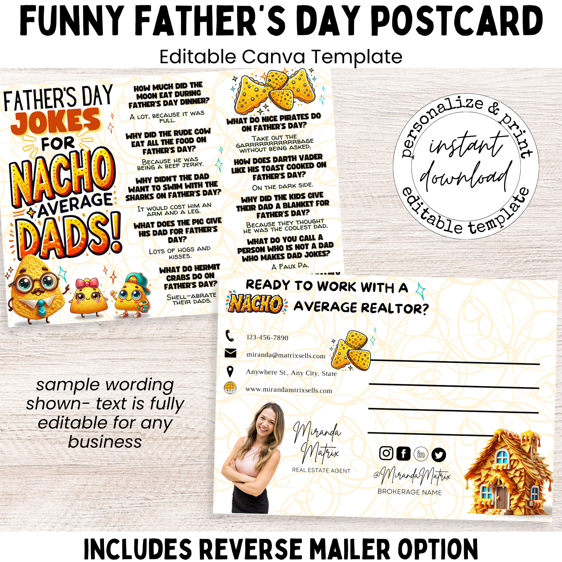 Nacho Average Dad Father’s Day postcard with dad jokes and taco themed graphics for realtor client marketing.