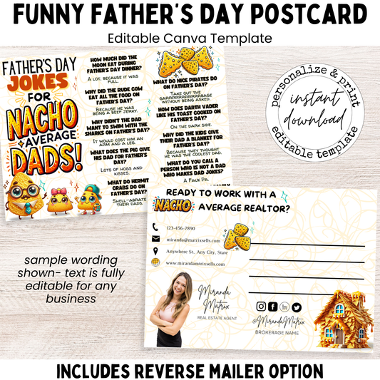 Nacho Average Dad Father’s Day postcard with dad jokes and taco themed graphics for realtor client marketing.