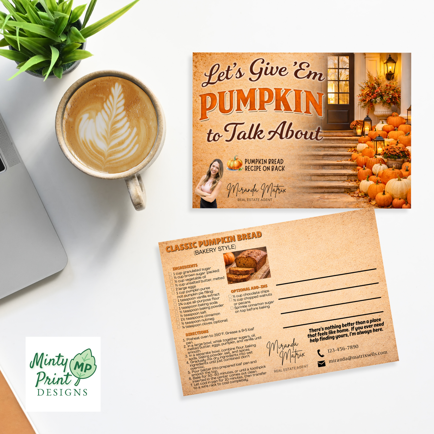 Fall real estate marketing template with pumpkins, lanterns, and warm porch setting