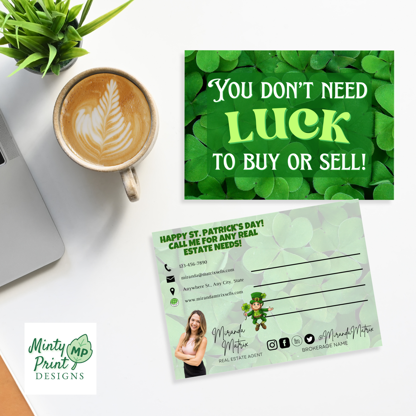Editable St. Patrick’s Day realtor postcard back design with photo, contact details, and mailing lines for 4x6 and 5x7 printing.