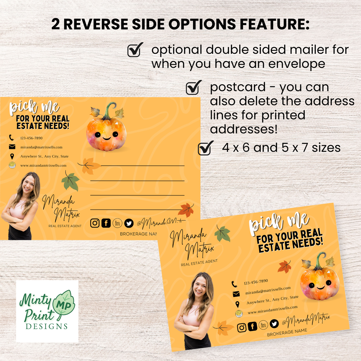 Autumn real estate postcard featuring pumpkins, country landscape, and editable agent branding