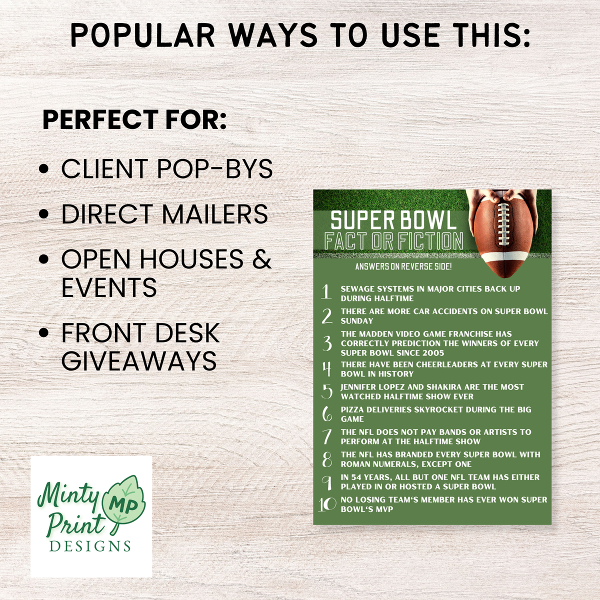 Super Bowl real estate postcard back featuring customizable realtor branding, contact information, mailing lines and trivia answer key