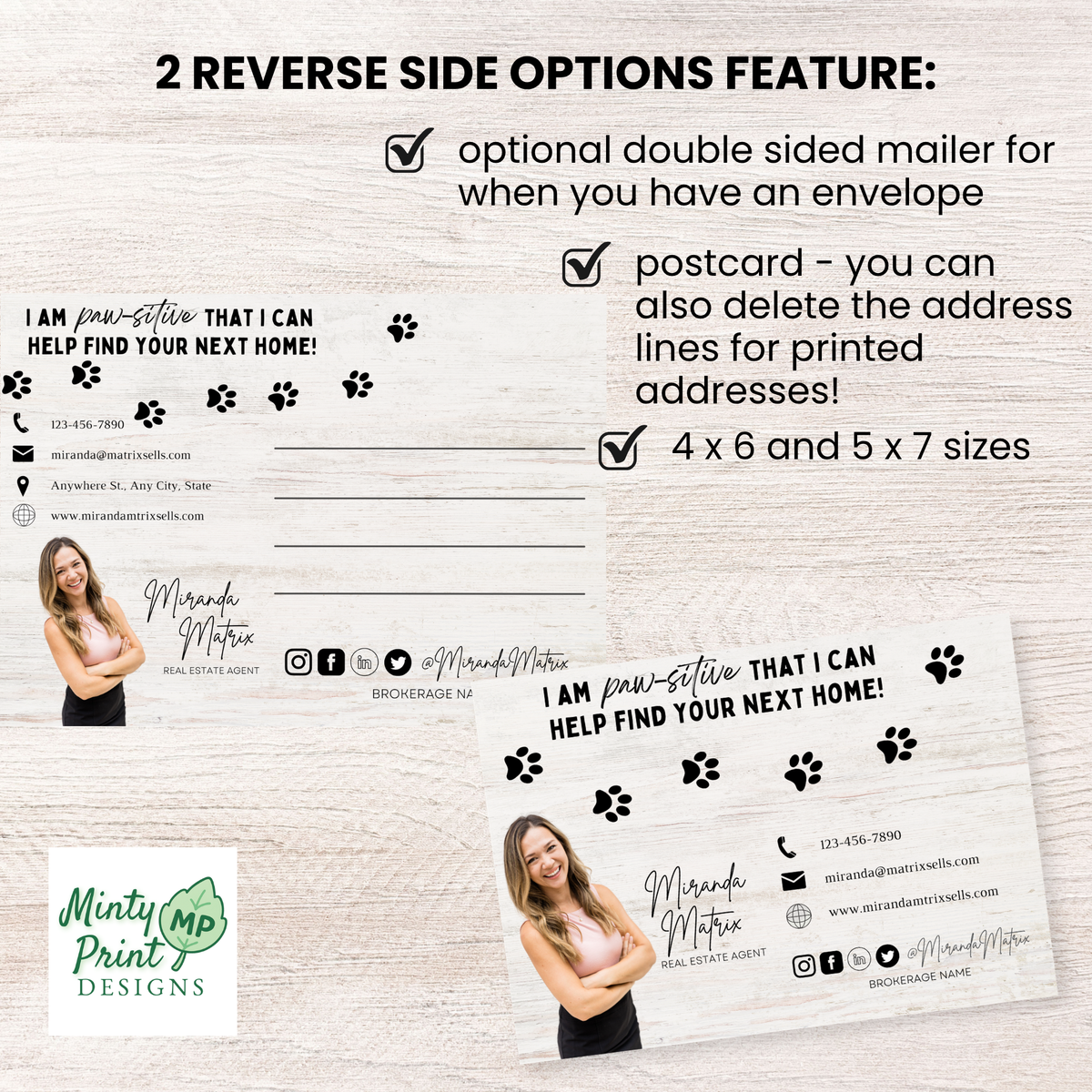 Dog themed real estate postcard with paw-sitive home buying message and customizable agent branding