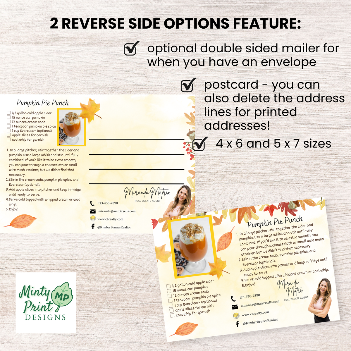 Pumpkin Pie Punch realtor recipe postcard with fall leaves and customizable agent branding