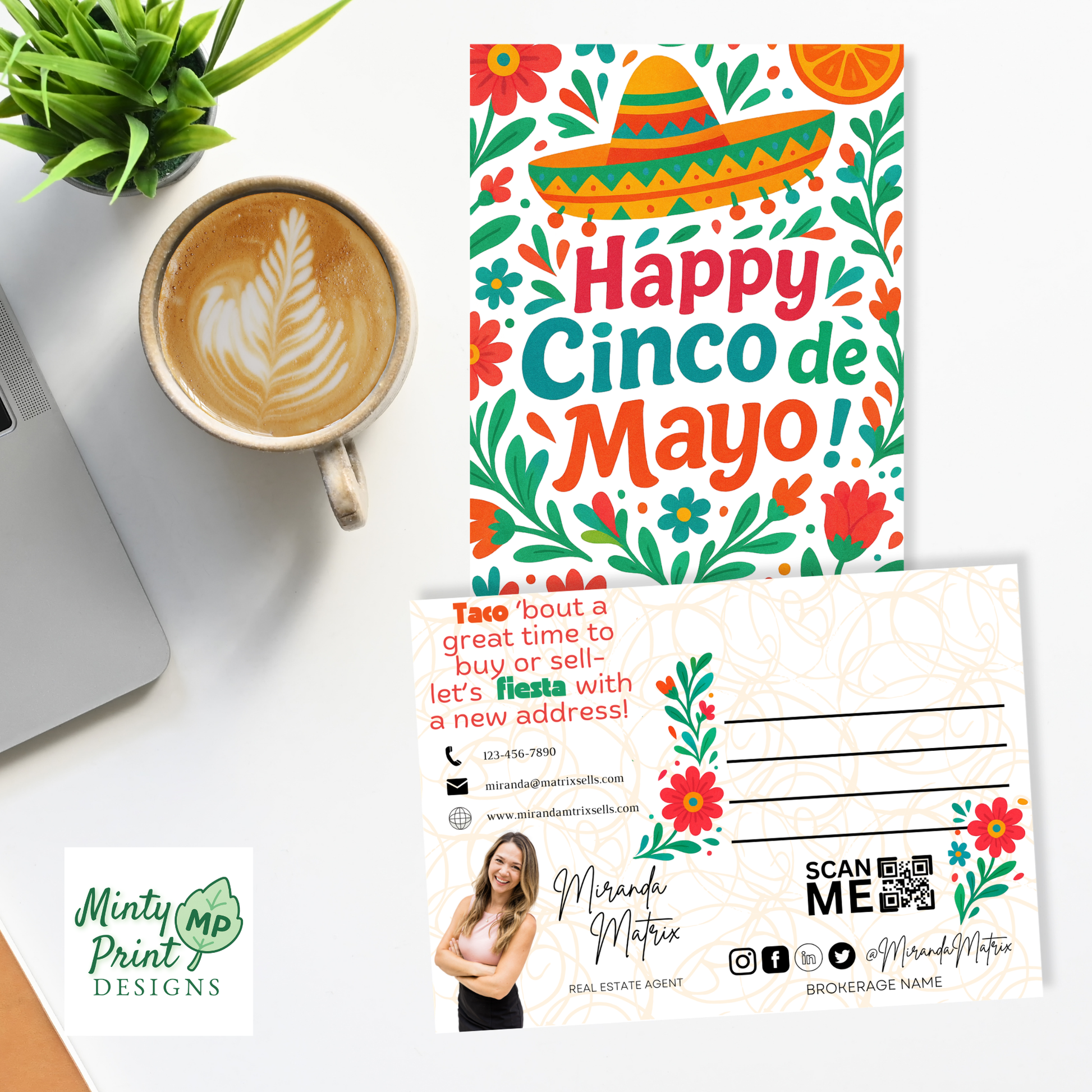 Cinco de Mayo realtor postcard template displayed on a desk mockup with coffee and laptop, colorful sombrero and floral design editable in Canva.
