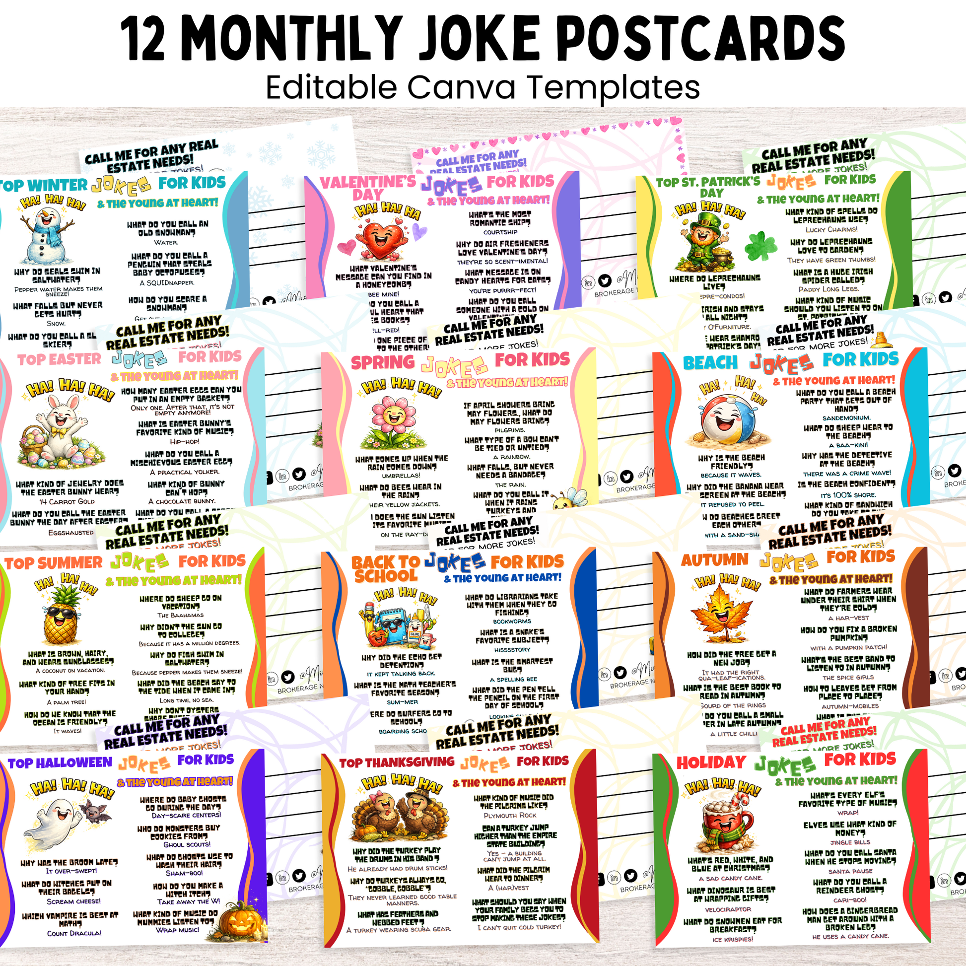 12 month joke postcard bundle for realtors, editable Canva templates