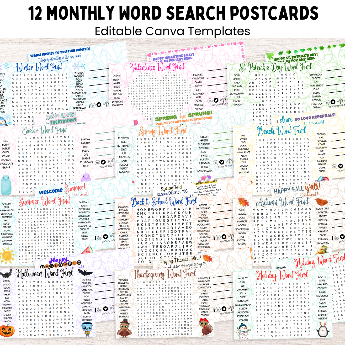 Seasonal word search postcard bundle with 12 monthly editable Canva templates for realtors and local businesses